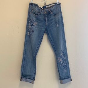 Pilcro Anthropologie Slim Boyfriend Embroidered Distressed Jeans